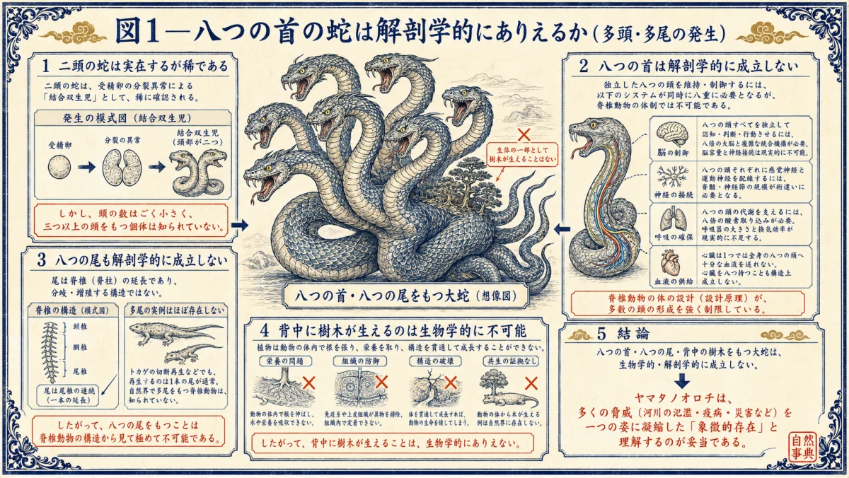 八つの首の蛇は解剖学的にありえるか、多頭・多尾の発生を検証した図解