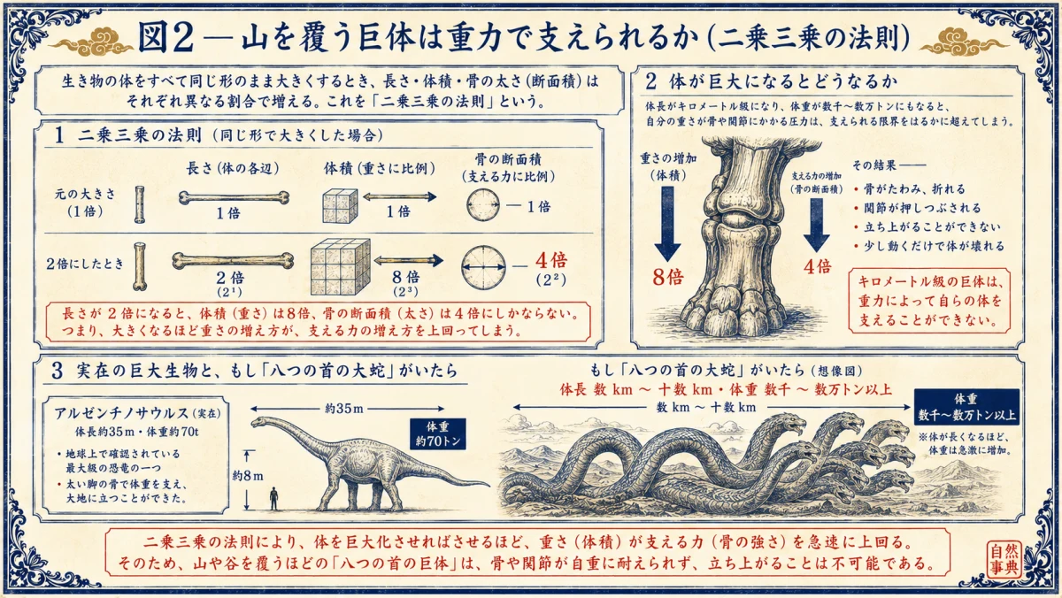 山を覆う巨体は重力で支えられるか、二乗三乗の法則を検証した図解