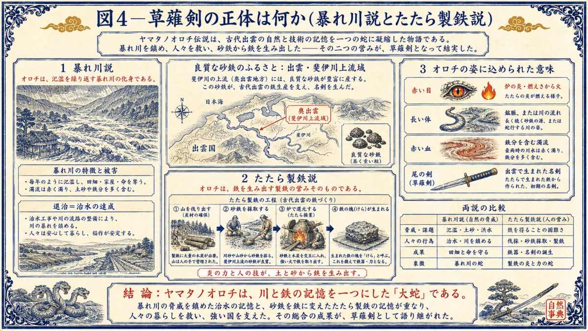 草薙剣の正体は何か、暴れ川説とたたら製鉄説を検証した図解