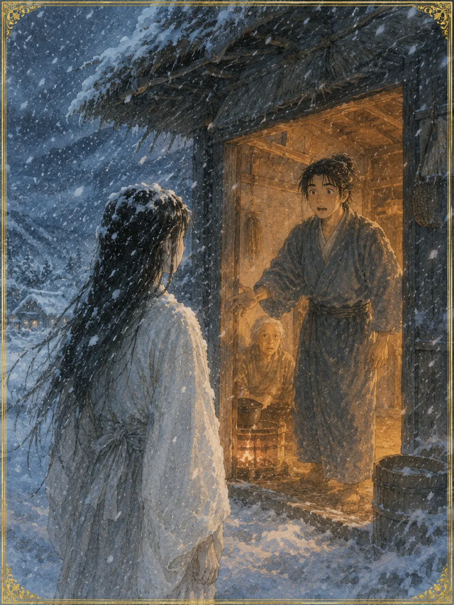 吹雪の夜、若者の家の戸口に立つ雪に濡れた若い娘