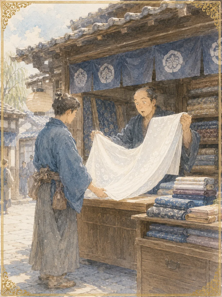 町の呉服屋が薄く美しい白い反物を広げて目を丸くする場面