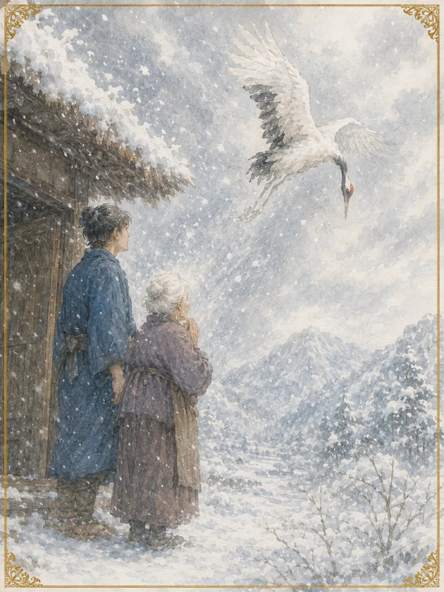 吹雪の空へ舞いあがり若者と母に別れを告げて北の空へ去る鶴
