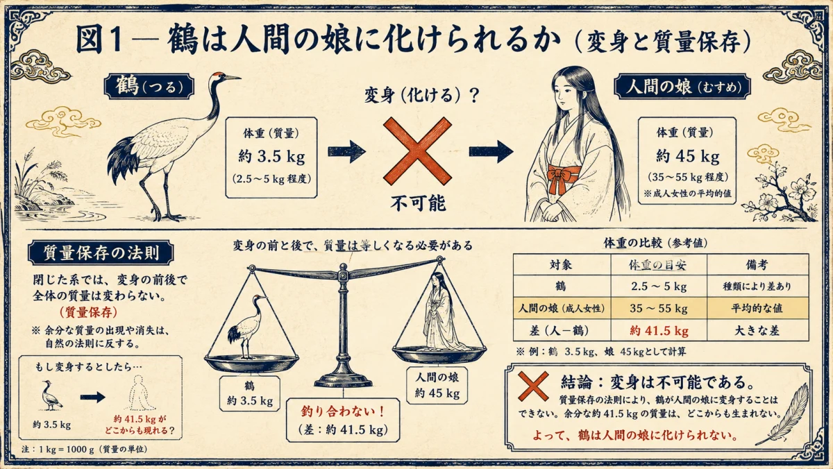 鶴は人間の娘に化けられるか、変身と質量保存を検証した図解