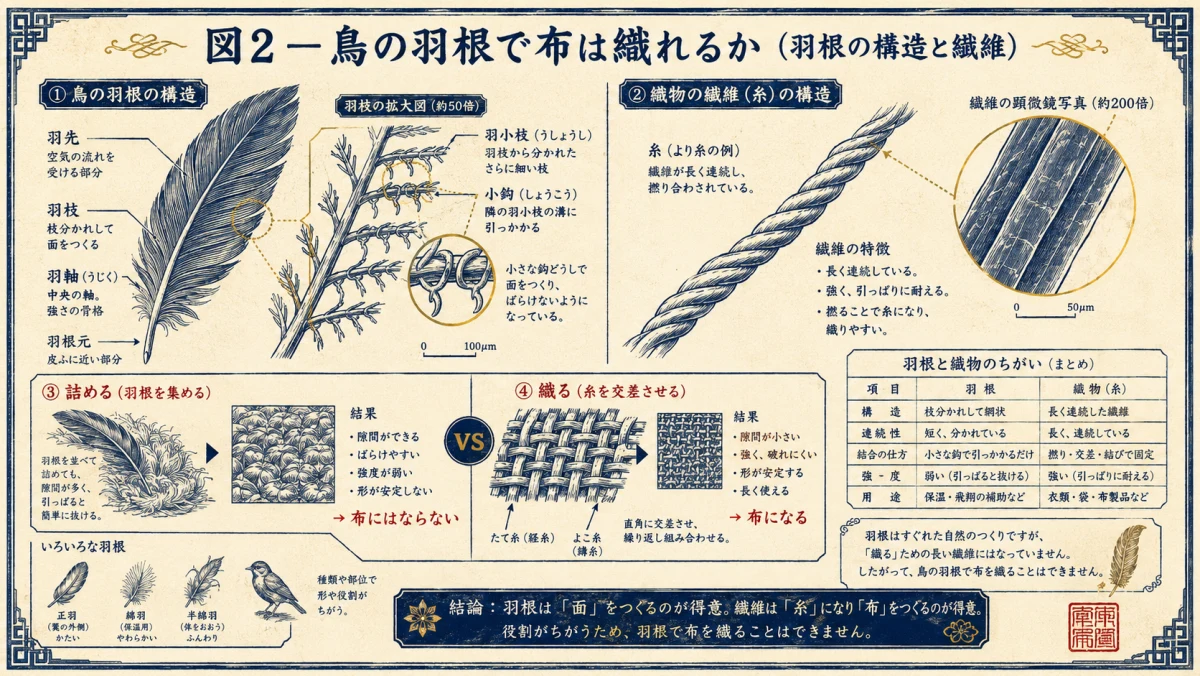 鳥の羽根で布は織れるか、羽根の構造と繊維を検証した図解