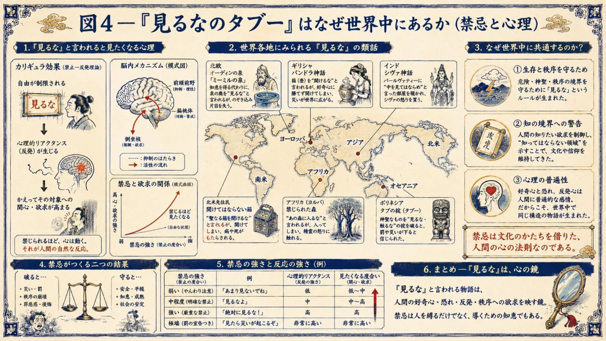見るなのタブーはなぜ世界中にあるか、禁忌と心理を検証した図解