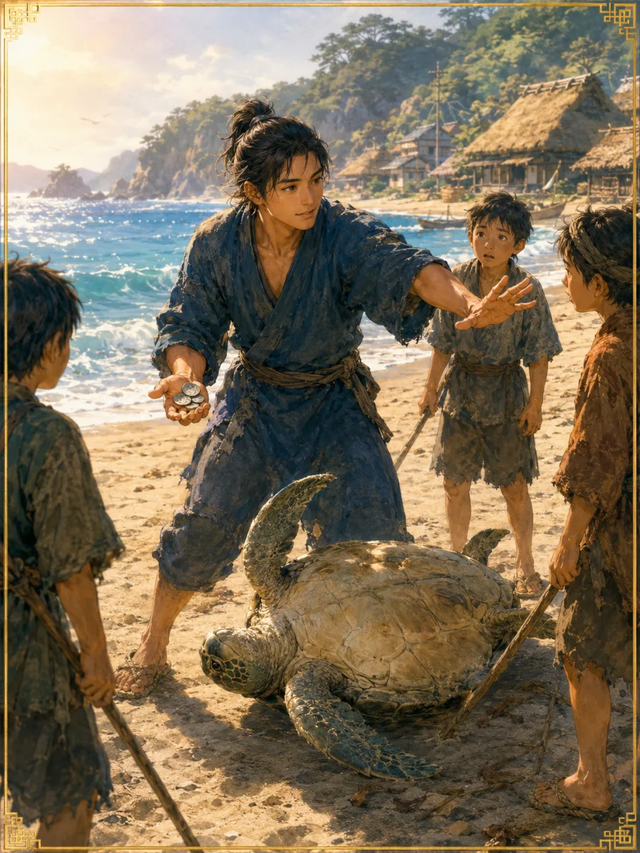 浜辺で子どもたちにいじめられていた亀を助ける浦島太郎