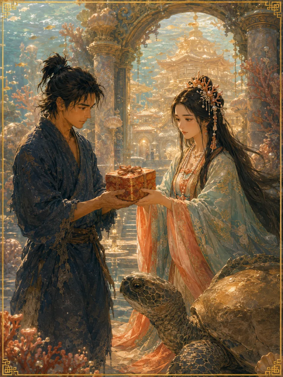 乙姫から玉手箱を手渡される浦島太郎