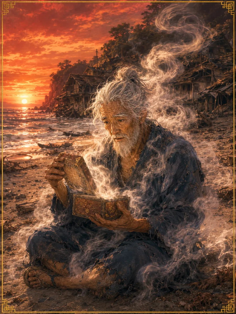 玉手箱を開け、白い煙を浴びて老人になった浦島太郎