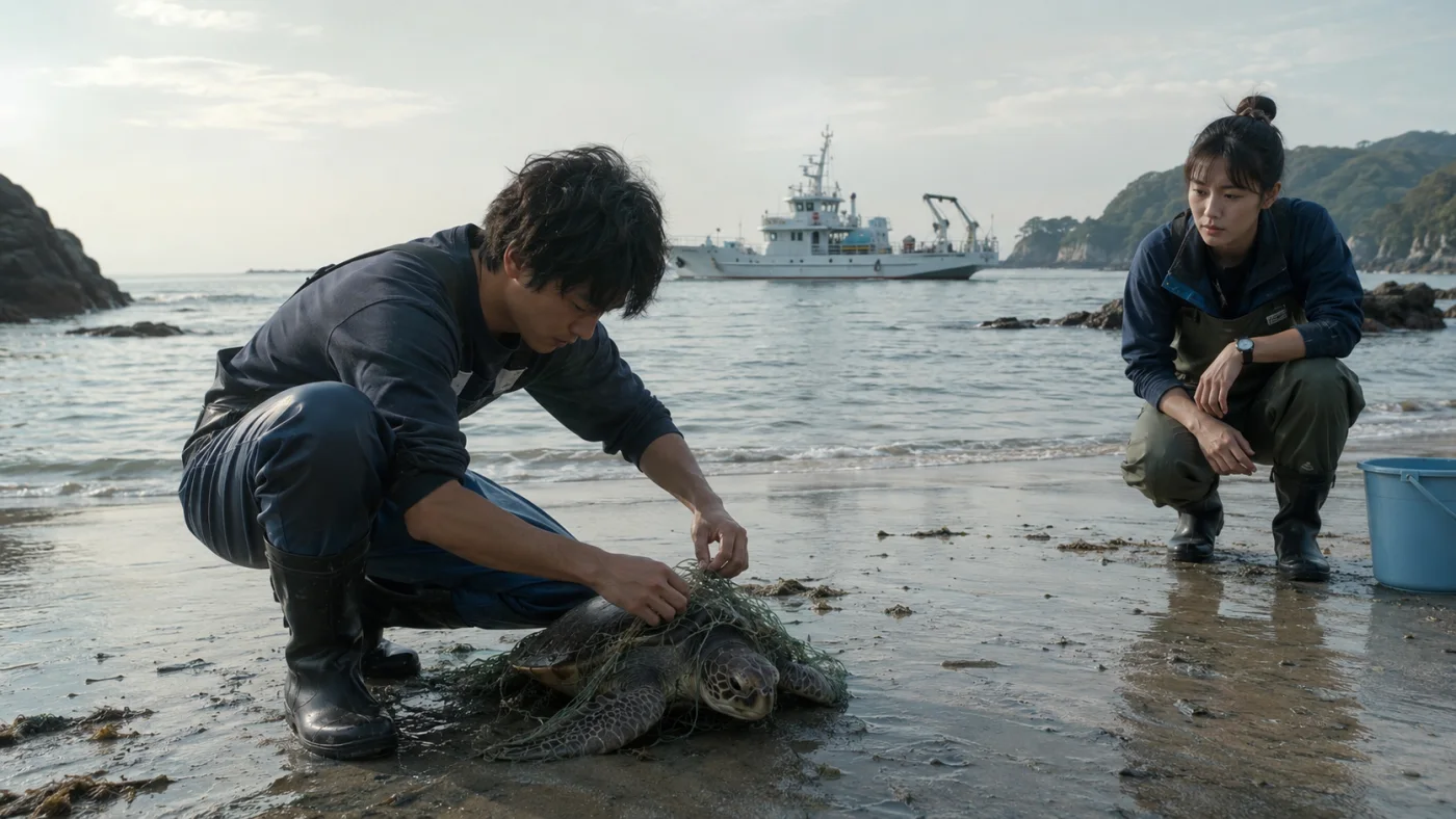 夏の朝の浜辺でゴーストネットの絡んだアオウミガメを助ける漁師の太一と見守る研究者