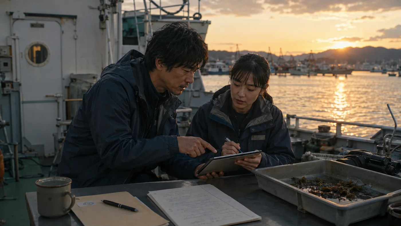 夕暮れの甲板でタブレットを手に若い研究者へ記録技術を教えるベテランの太一