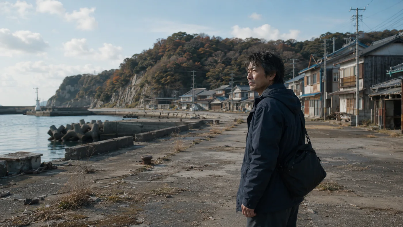 護岸ブロックと閉ざされた家々が並ぶ寂れた漁村・鏡浦に帰り立ち尽くす五十二歳の太一