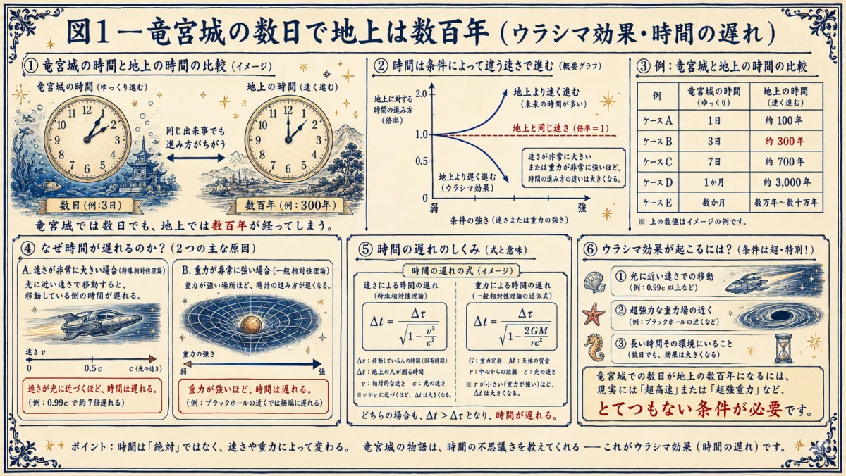 ウラシマ効果と相対論的な時間の遅れを検証した図解