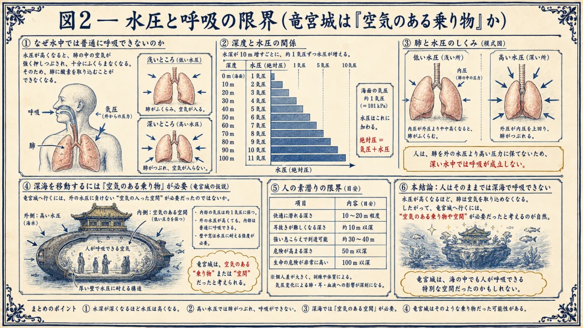 水圧と人間の潜水限界、竜宮城が空気のある乗り物である可能性を検証した図解