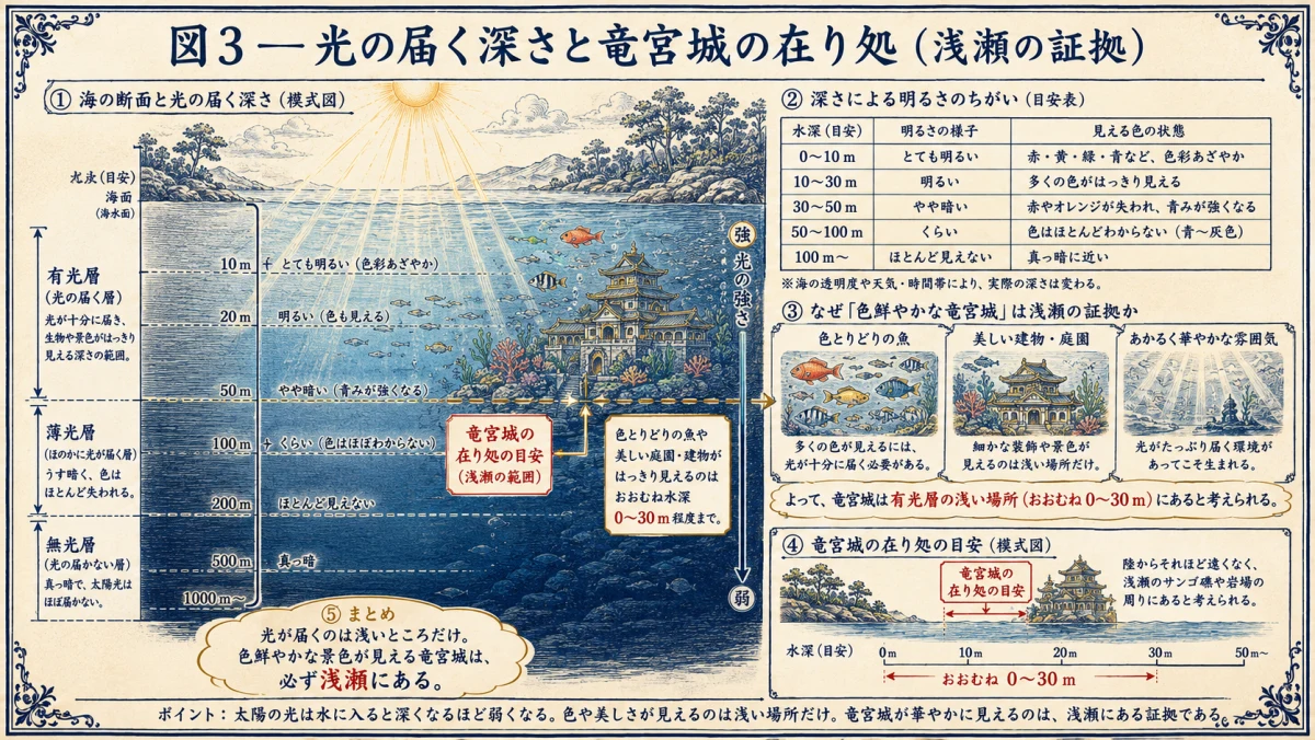 光の届く深さと魚・珊瑚の生息深度から竜宮城の在り処を検証した図解