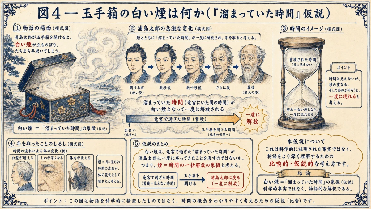 玉手箱の煙と老化のしくみ、溜まった時間の解放を検証した図解