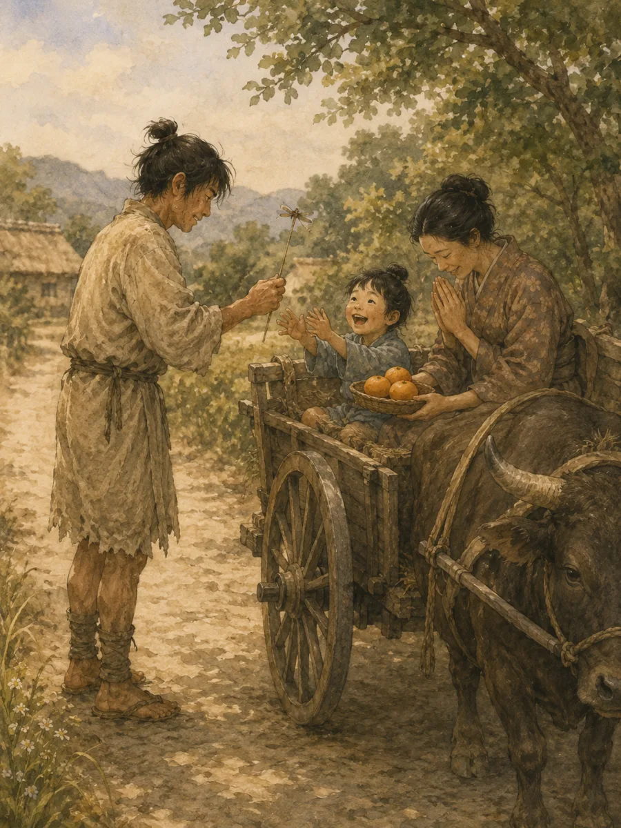牛車の子供にアブを結んだわらしべを渡し母親からみかん三つを受け取る男