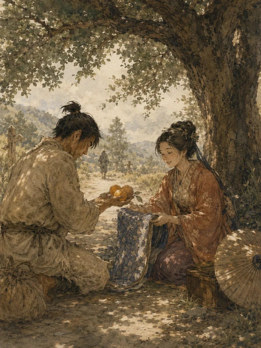 木陰でのどの渇いた女性にみかんを差し出し絹の反物を受け取る男