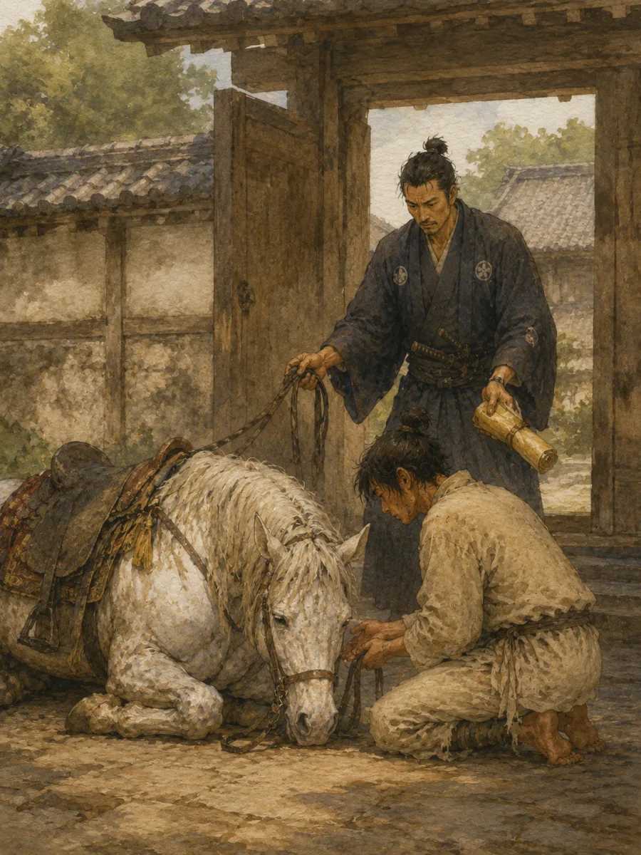 武家屋敷の門前で動かない馬の世話を申し出て反物と馬を交換する男と武士