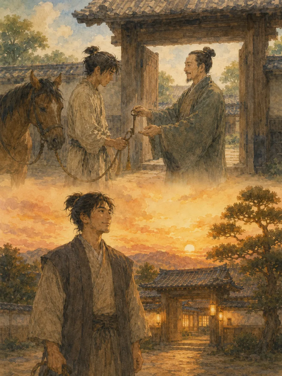 馬を引いて屋敷を託され夕暮れに長者となって佇む男