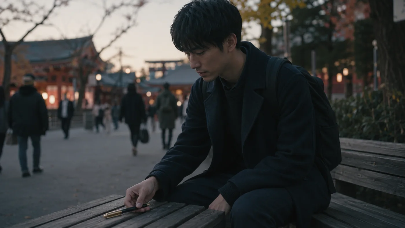 境内のベンチに置き忘れられた古い万年筆を見つける蓮
