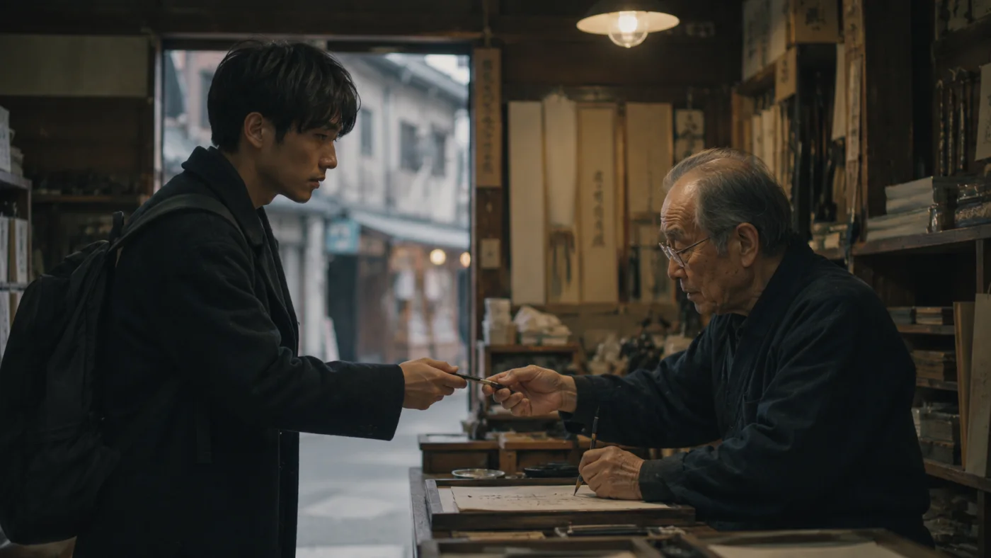 墨と硯と和紙の匂いのする小さな店で、字を書く老人に万年筆を渡す蓮