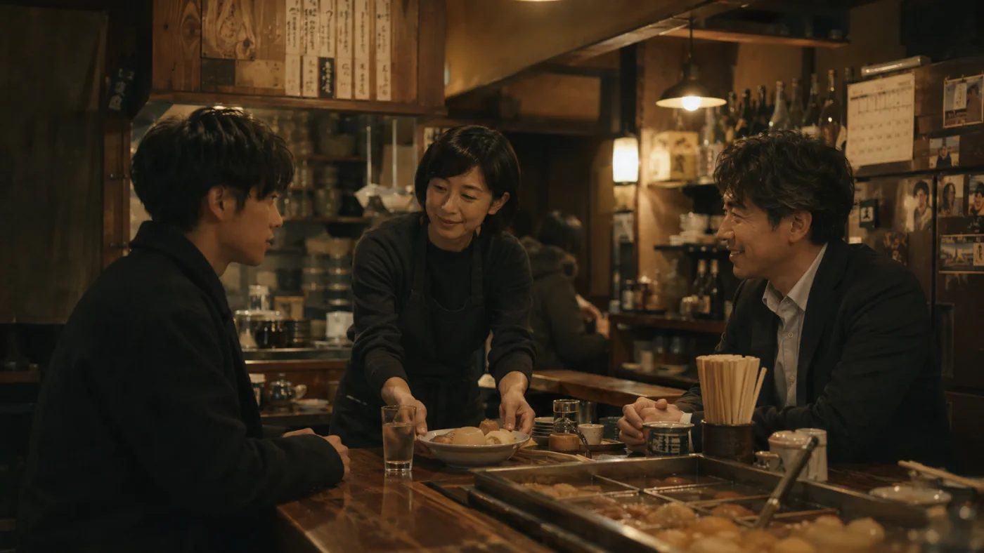 古い飲み屋のカウンターで、若い店主とIT経営者の岩崎と語り合う蓮