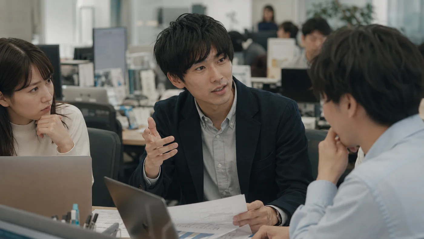 現代のオフィスで同僚たちにプロジェクトを説明し、チームを率いる蓮