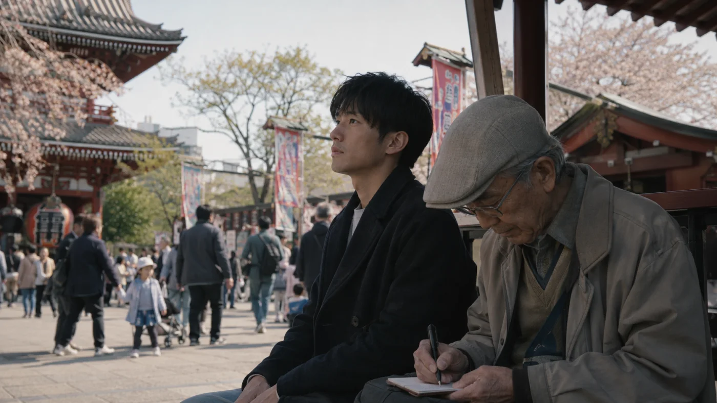 桜咲く浅草寺の境内のベンチで、隣の老人が万年筆で何かを書いているのを見る五年後の蓮