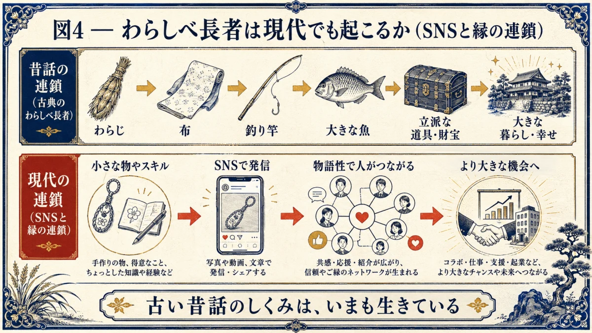わらしべ長者は現代でも起こるか、SNSと縁の連鎖を検証した図解